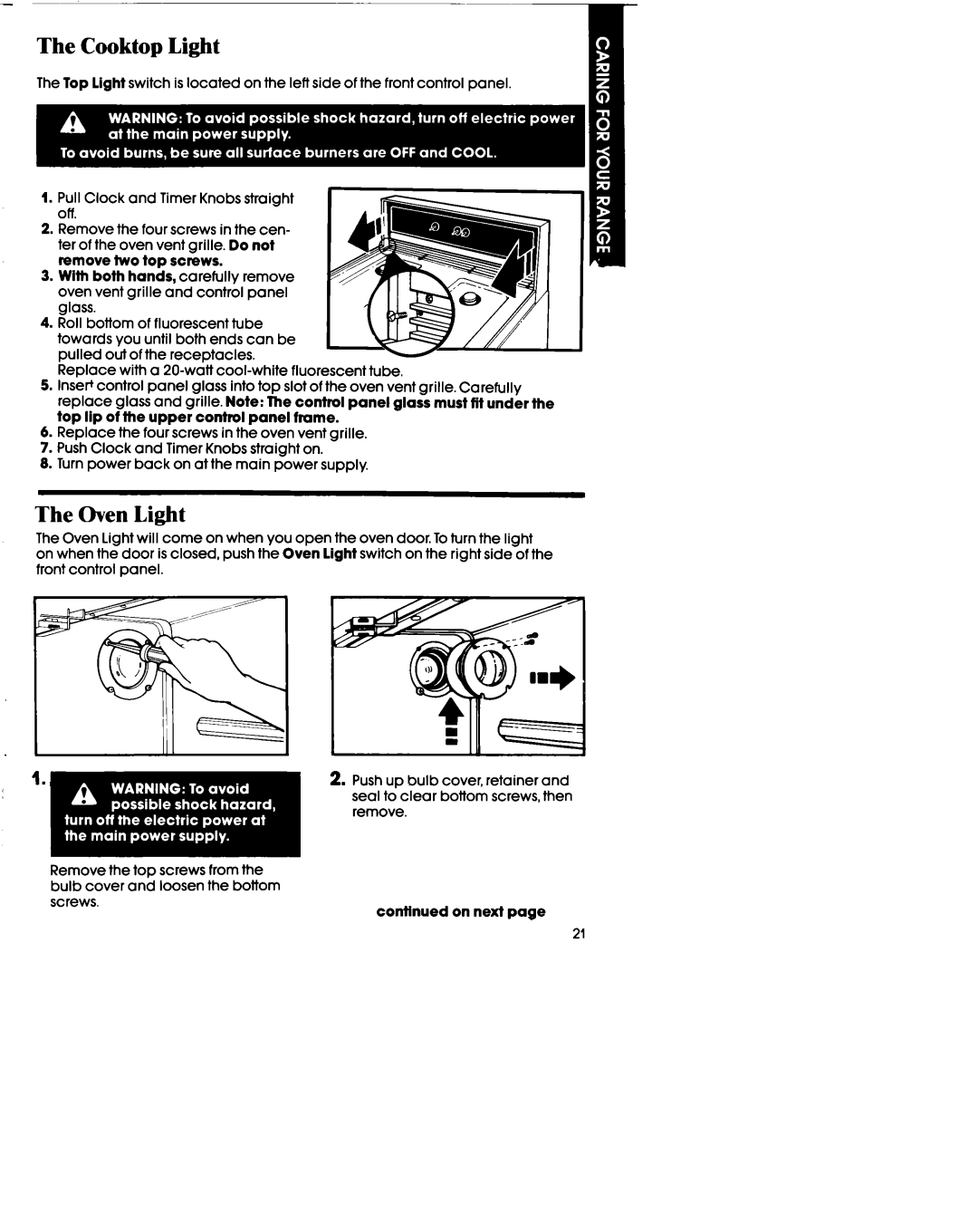 Whirlpool SF395PEP manual Cooktop Light, Oven Light 