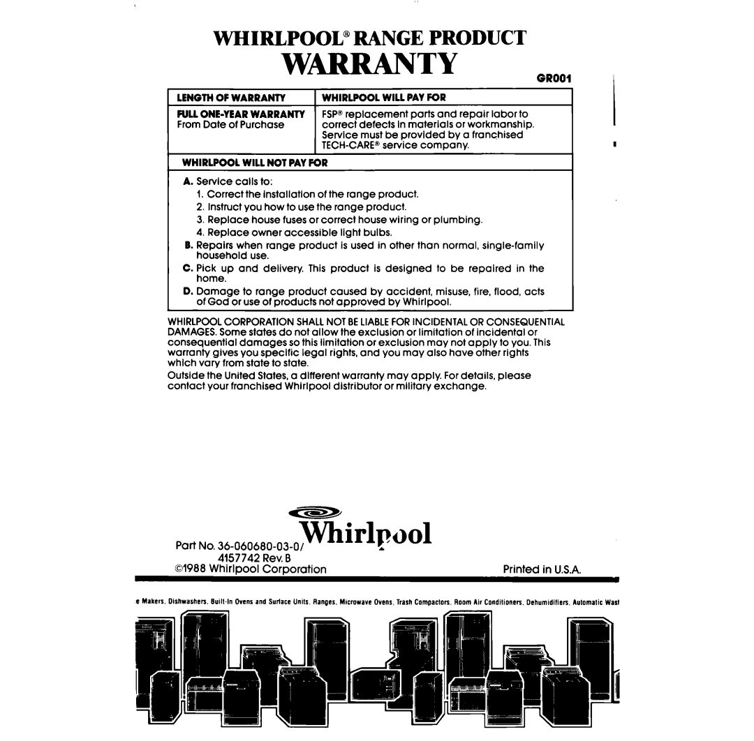 Whirlpool SF395PEP manual W-Ty, Whirlp001, Whirlpool@ Range Product 