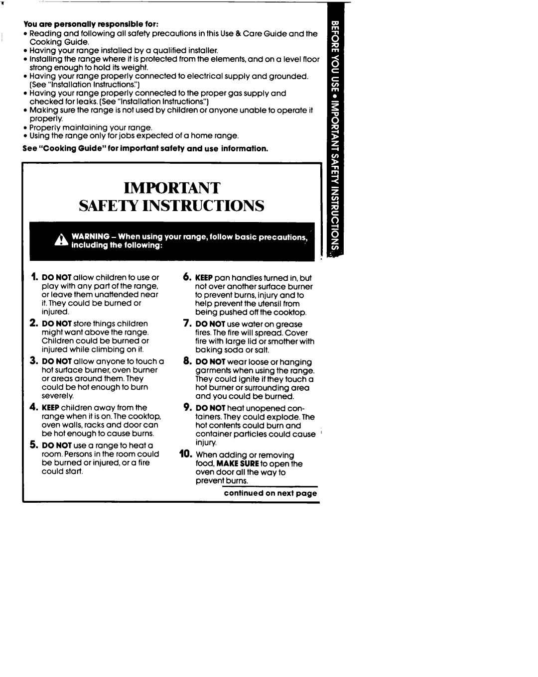 Whirlpool SF395PEP manual Safety Instructions 