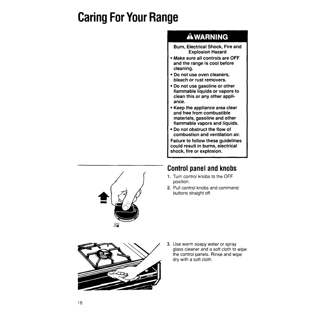 Whirlpool SF395PEW CaringForYourRange, Control panel and knobs, Do not obstruct the flow of combustion and ventilation air 