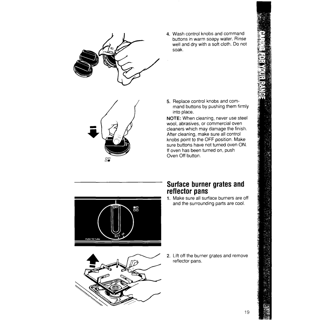 Whirlpool SF395PEW manual Surface burner grates and reflector pans, Lift off the burner grates and remove reflector pans 