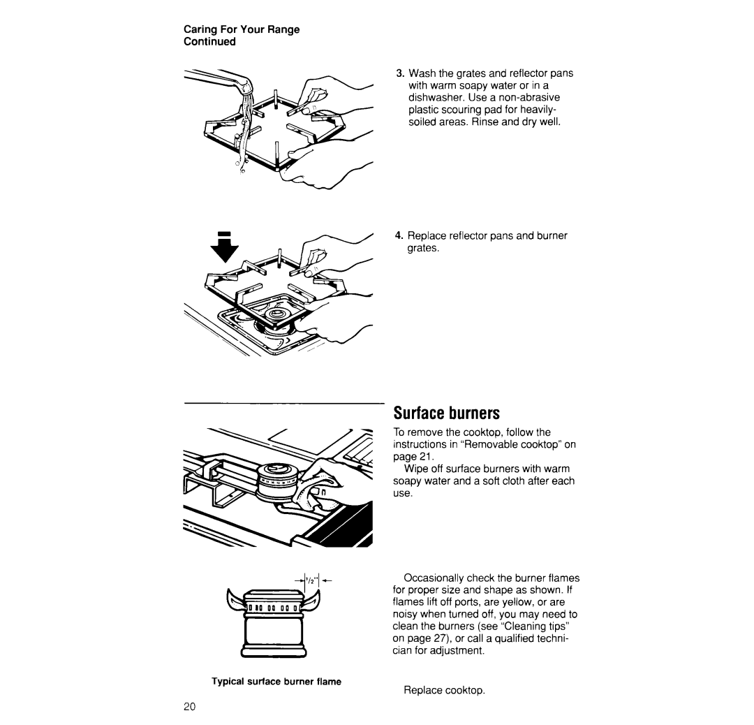 Whirlpool SF395PEW manual Surface burners, Caring For Your Range, Replace reflector pans and burner grates, Replace cooktop 