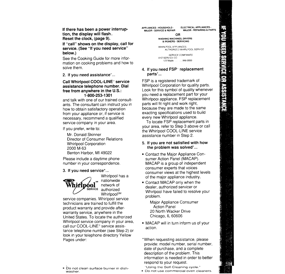 Whirlpool SF395PEW manual If you need service Whirlpool has a WhirlpoolSM, If you need FSP replacement parts 