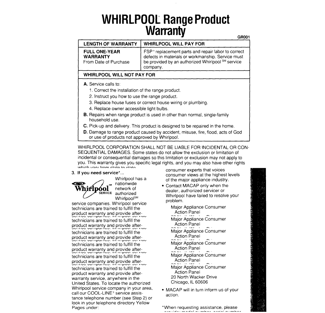 Whirlpool SF395PEW manual WHIRLPOOLRangeProduct Warranty, From Date of Purchase 