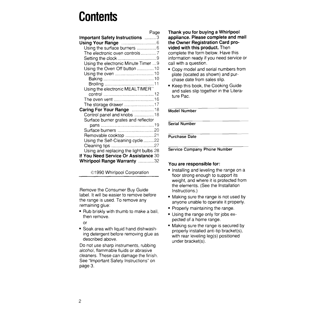 Whirlpool SF395PEW manual Contents 