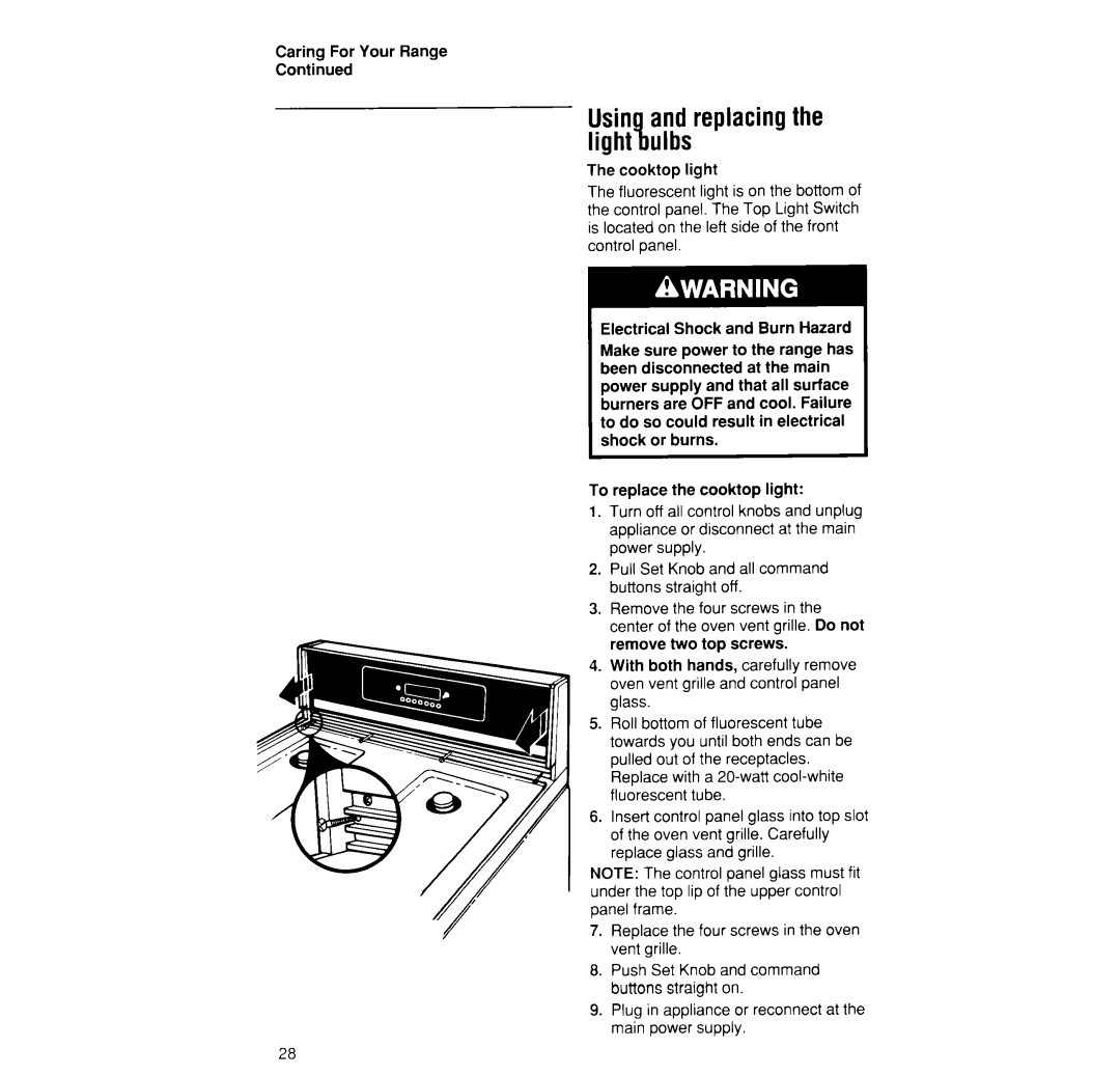 Whirlpool SF395PEW manual Usin and replacing the light %ulbs 