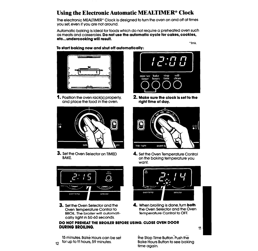 Whirlpool SF396PEP manual Using the Electronic Automatic Mealtimer Clock, Set the Oven Selector on Timed Bake 