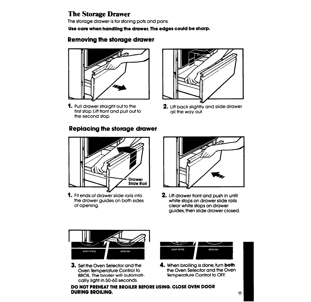 Whirlpool SF396PEP Storage Drawer, Removing the storage drawer, Replacing the storage drawer, Use & Care Guide stomge 