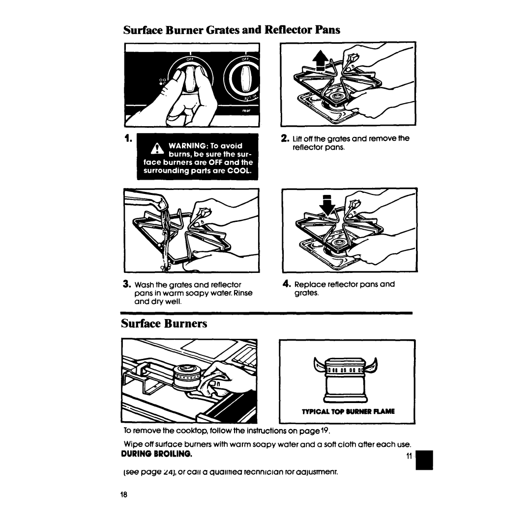 Whirlpool SF396PEP manual Surface Burner Grates and Reflector Pans, Surface Burners 