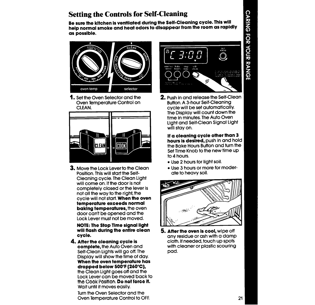 Whirlpool SF396PEP manual Setting the Controls for Self-Cleaning 