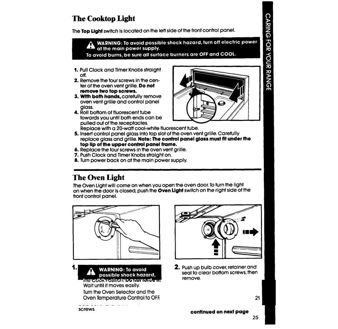 Whirlpool SF396PEP manual Cooktop Light, Oven Light 