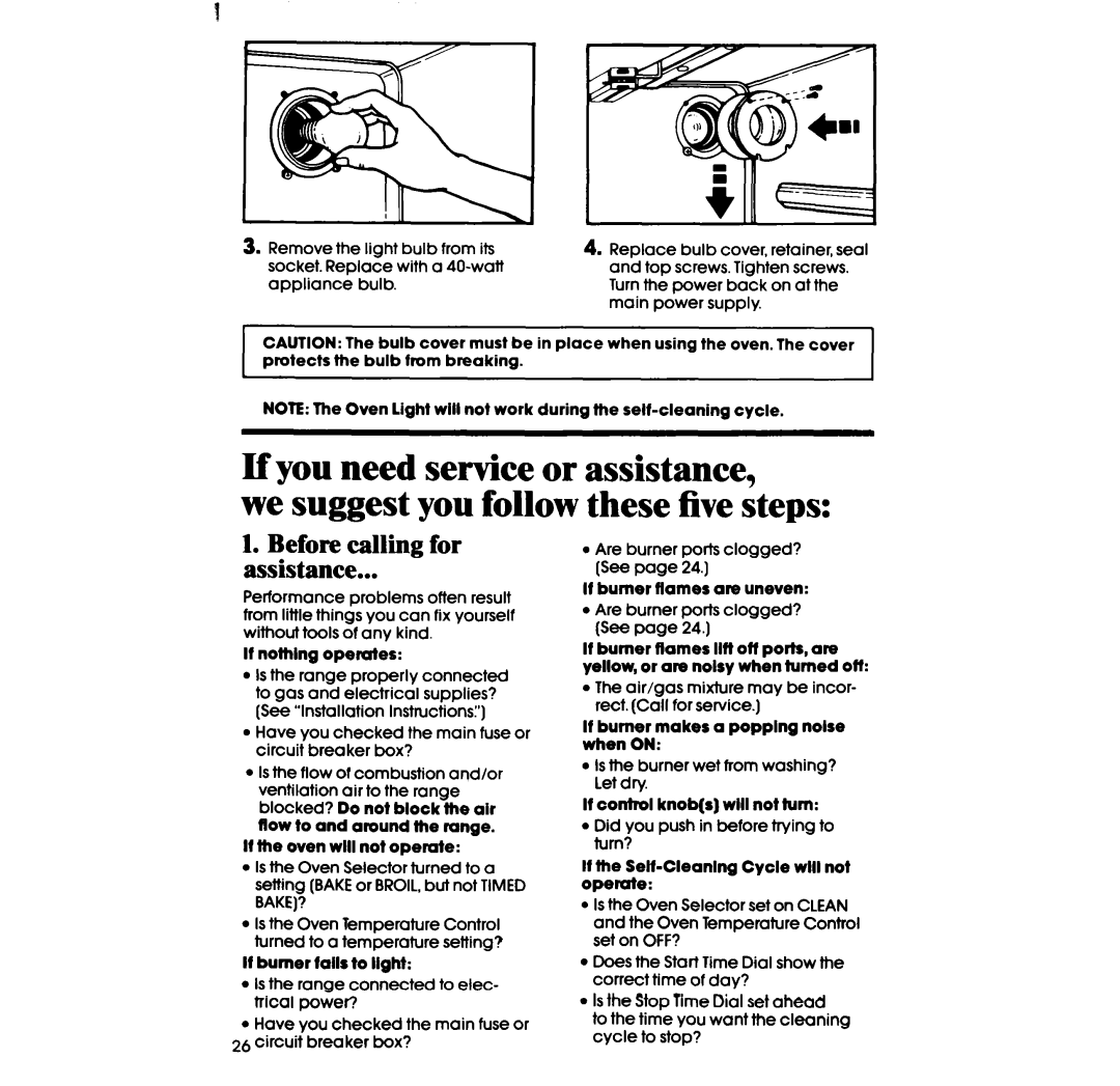 Whirlpool SF396PEP manual Before calling for assistance 