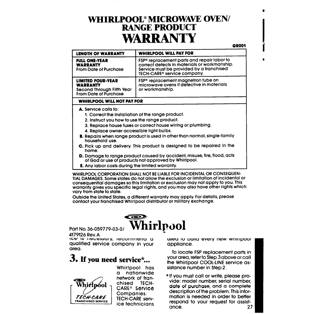 Whirlpool SF396PEP manual Whirlpool 