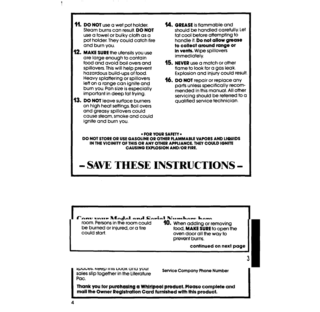 Whirlpool SF396PEP manual Copy your Model and Serial Numbers here, For Your SAFElY 