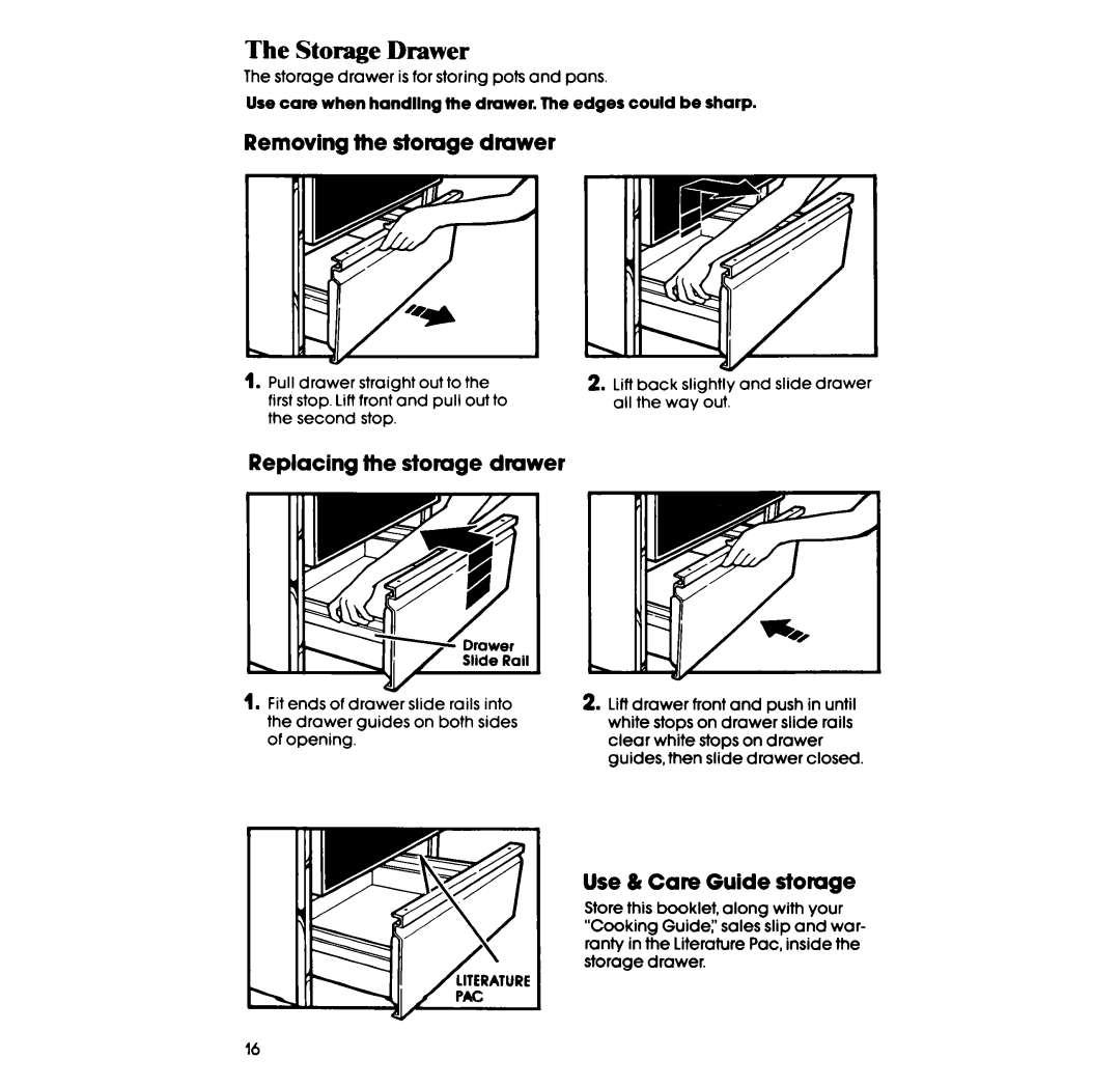 Whirlpool SF396PEP The Storage Drawer, Removing the storage drawer, Replacing the storage drawer, Use & Care Guide stomge 