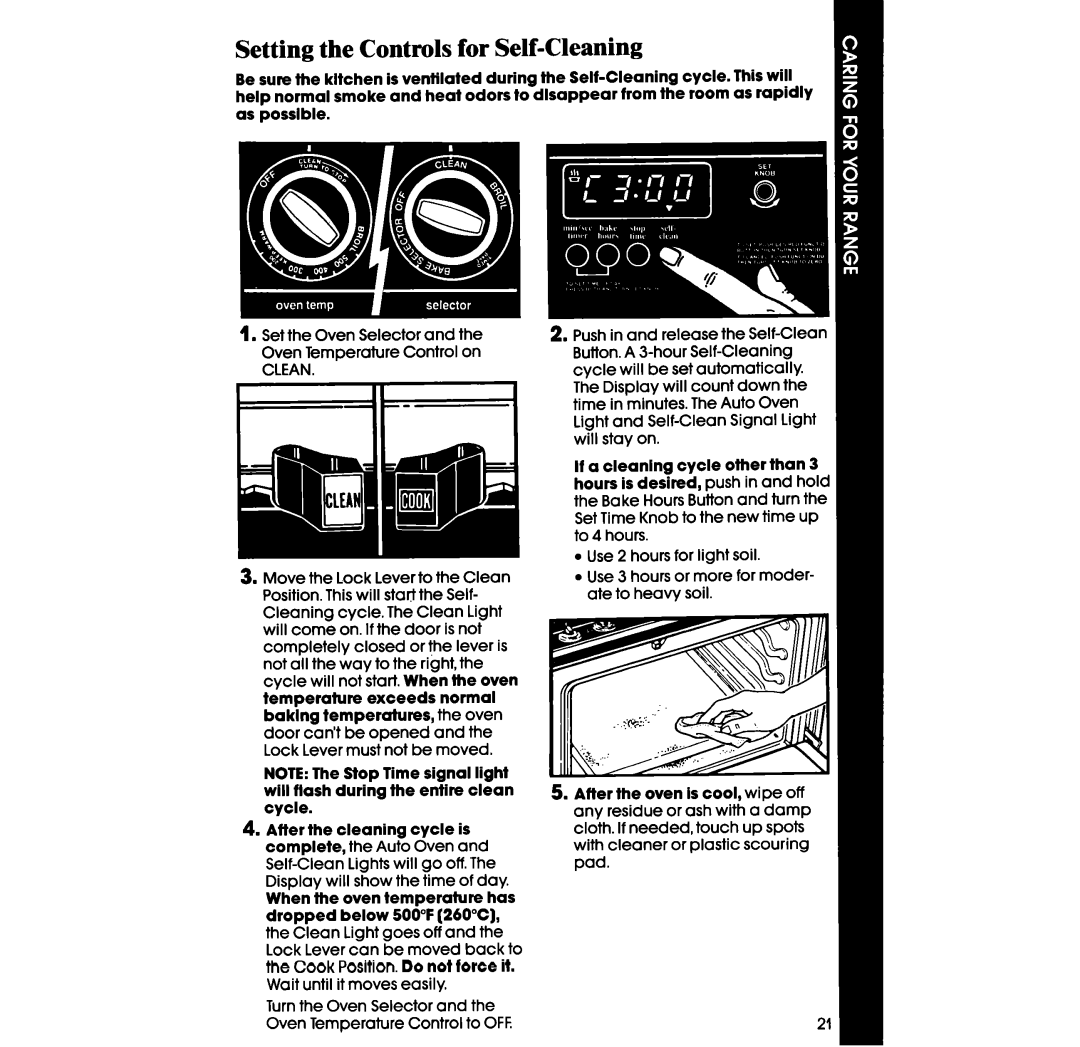 Whirlpool SF396PEP manual Setting the Controls for Self-Cleaning, lUse 2 hours for light soil 
