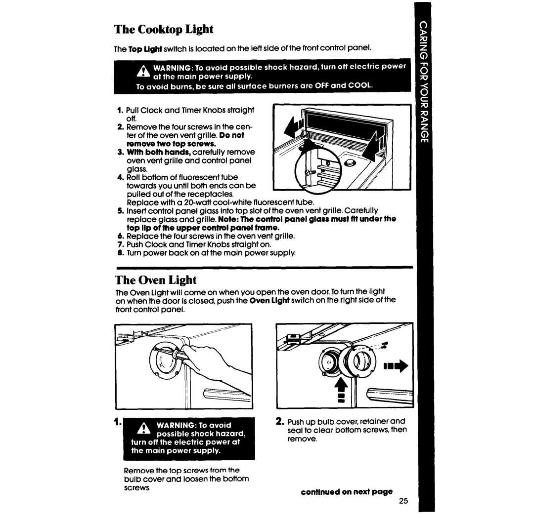 Whirlpool SF396PEP manual The Cooktop Light, The Oven Light 