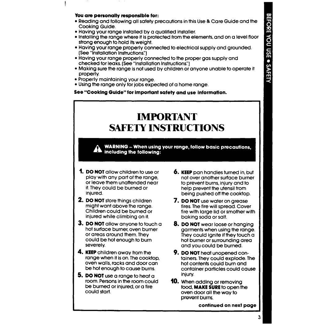 Whirlpool SF396PEP manual Safety Instructions 