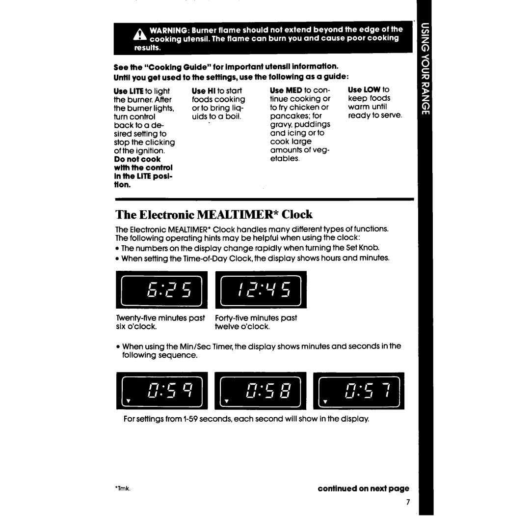 Whirlpool SF396PEP manual The Electronic MEALTIMER* Clock 