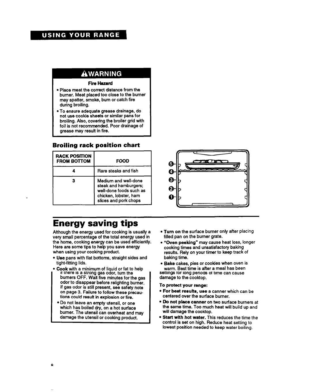 Whirlpool SF387PEY, SF397PEY, SF387PCY manual Energy saving tips, Broiling rack position chart 