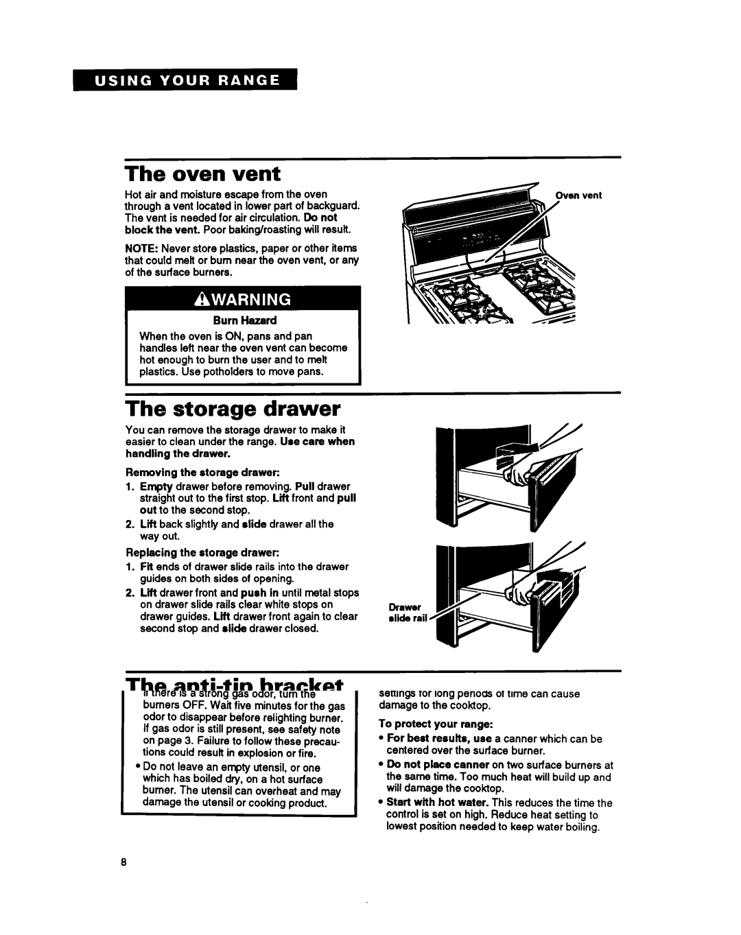 Whirlpool SF387PCY, SF397PEY, SF387PEY manual Oven vent, Storage drawer, Anti-tip bracket 