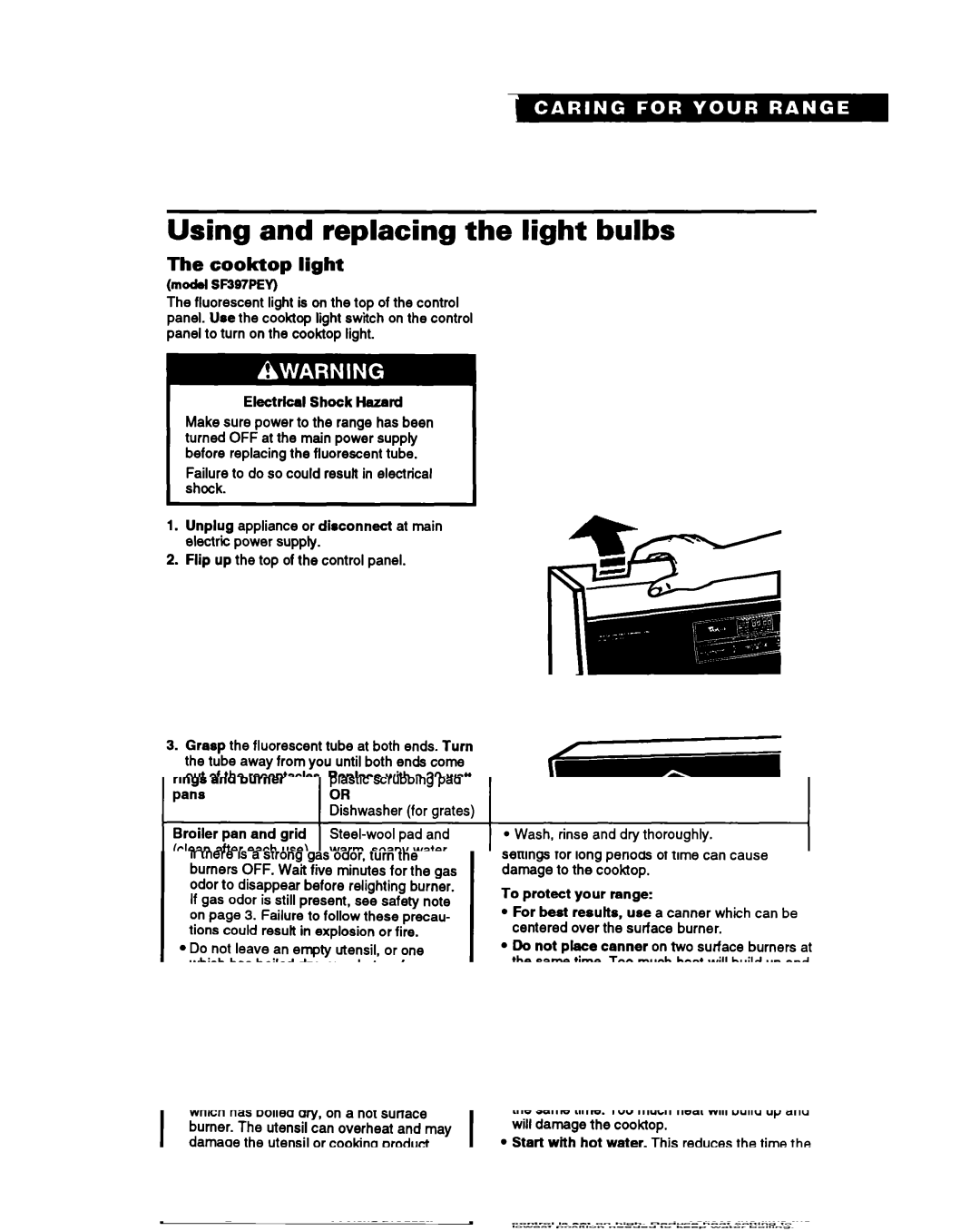 Whirlpool SF387PCY, SF397PEY, SF387PEY manual Using and replacing the light bulbs, Cooktop light 