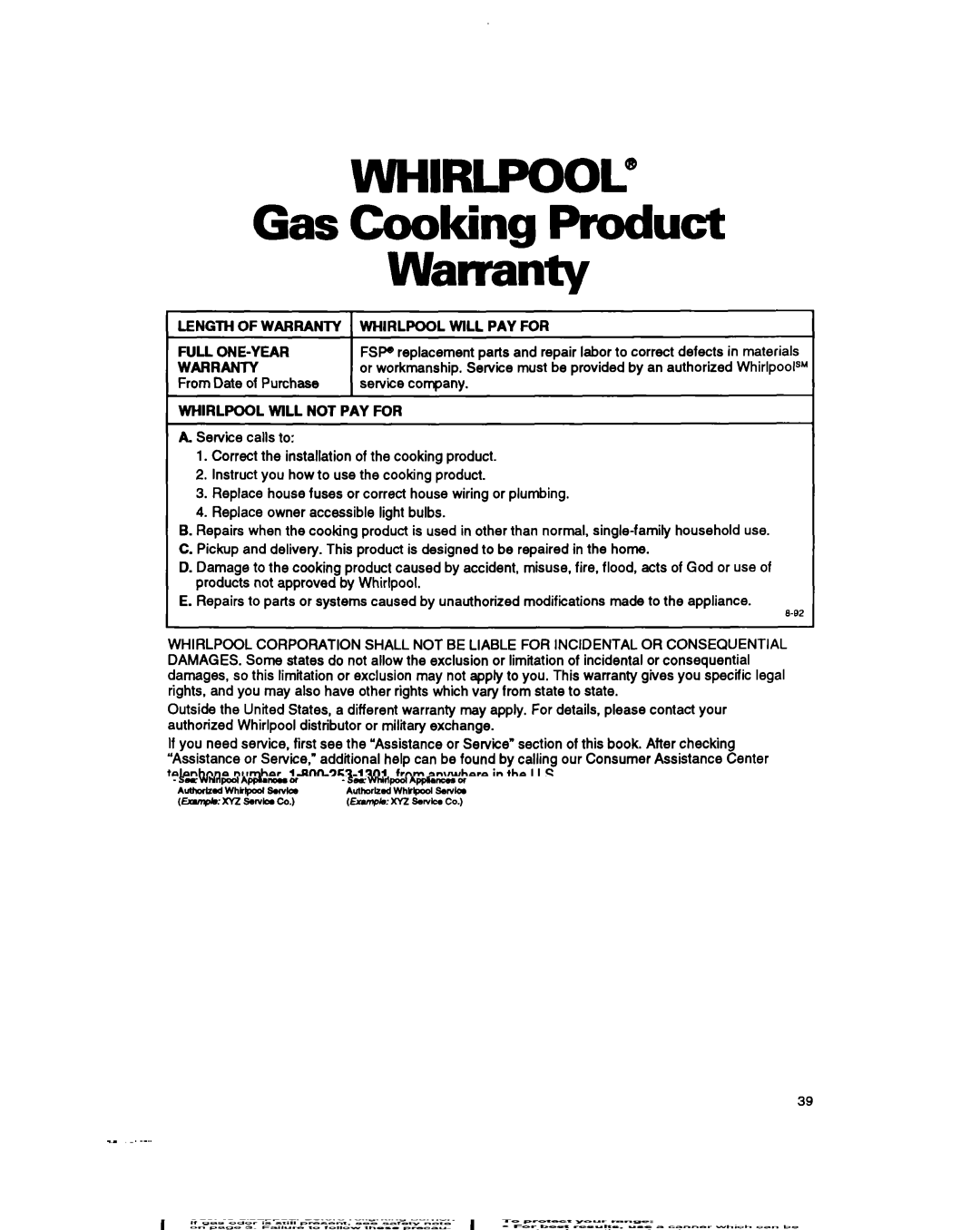 Whirlpool SF387PEY, SF397PEY Gas Cooking Product Warranty, Length of Warranty, Full ONE-YEAR, Whirlpool will not PAY for 