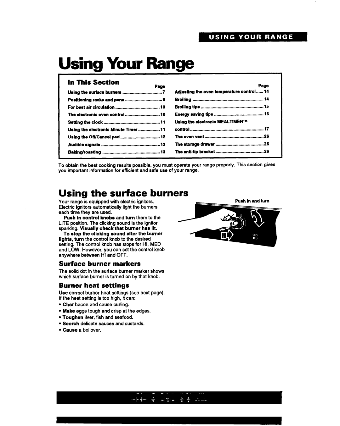 Whirlpool SF387PEY Using Your Range, Using the surface burners, This Section, Surface burner markers, Burner heat settings 