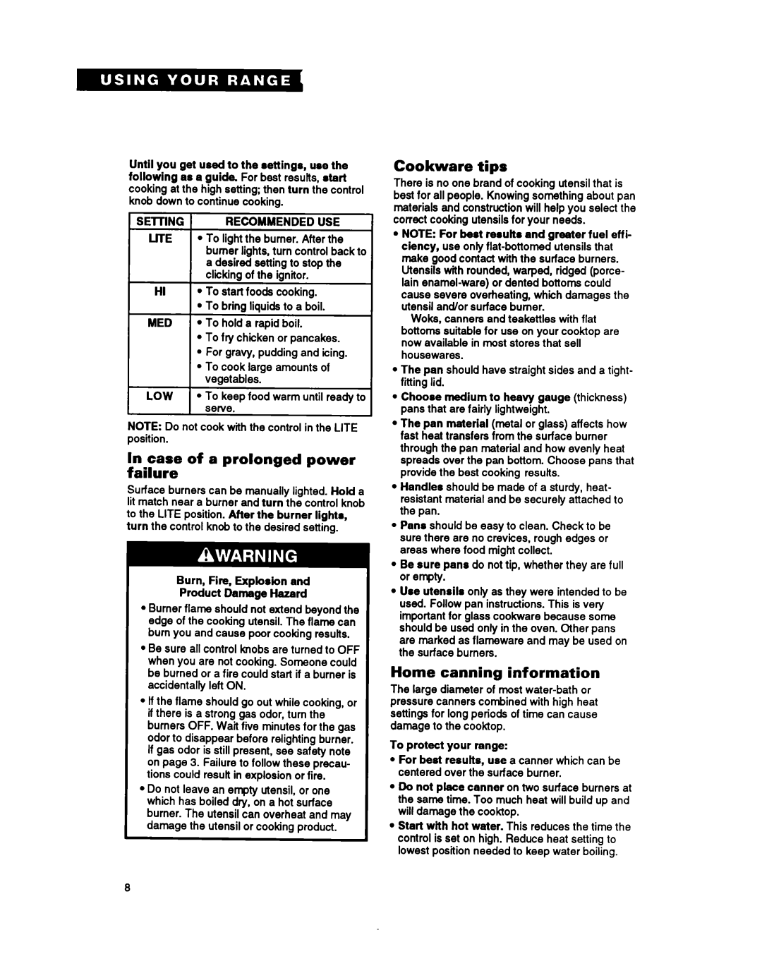 Whirlpool SF387PCY Case of a prolonged power failure, Cookware tips, Home canning information, Setting Recommended USE 