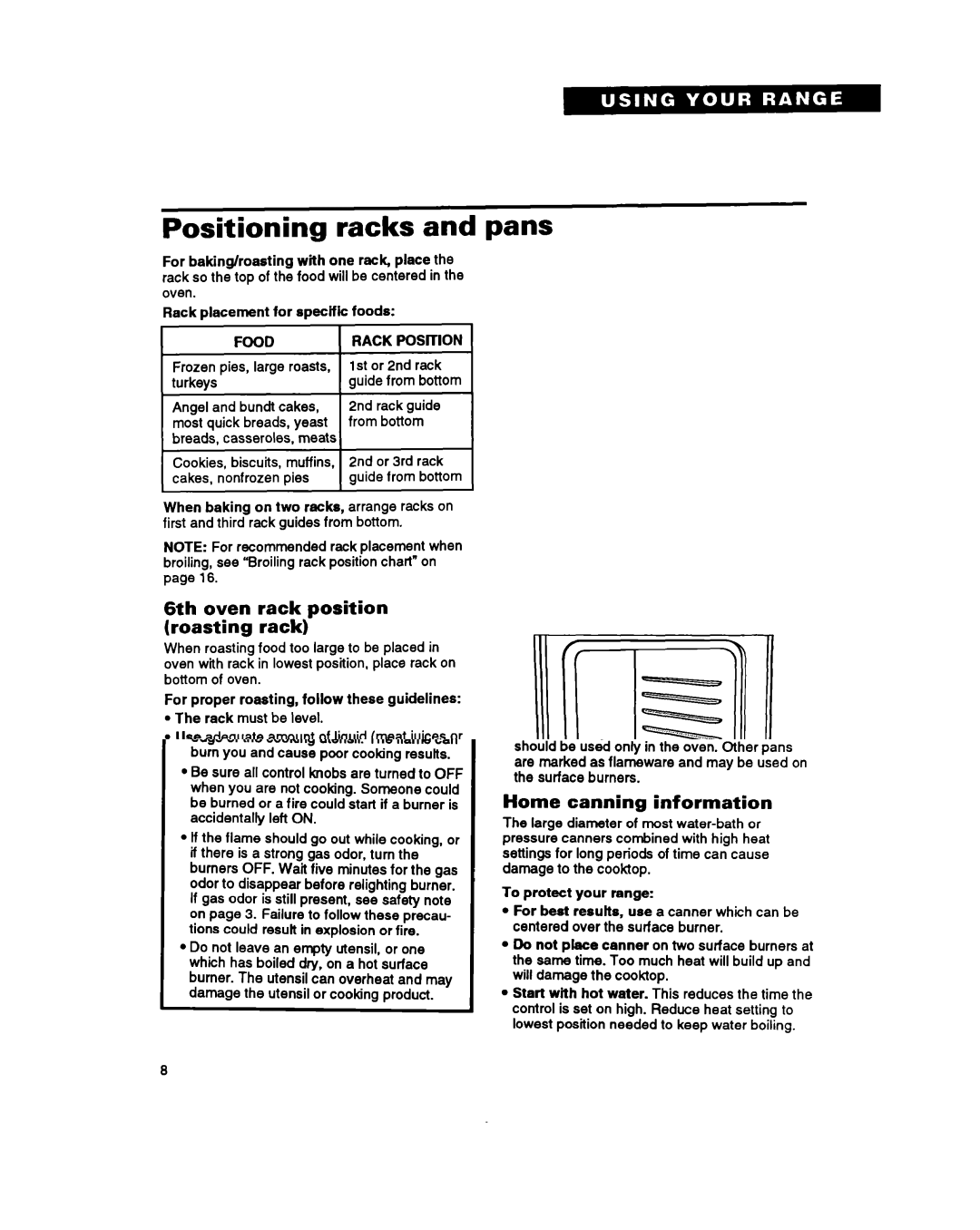 Whirlpool SF397PEY, SF387PEY manual Positioning racks and pans, 6th oven rack position Roasting rack, Food, Rack POSlTlON 