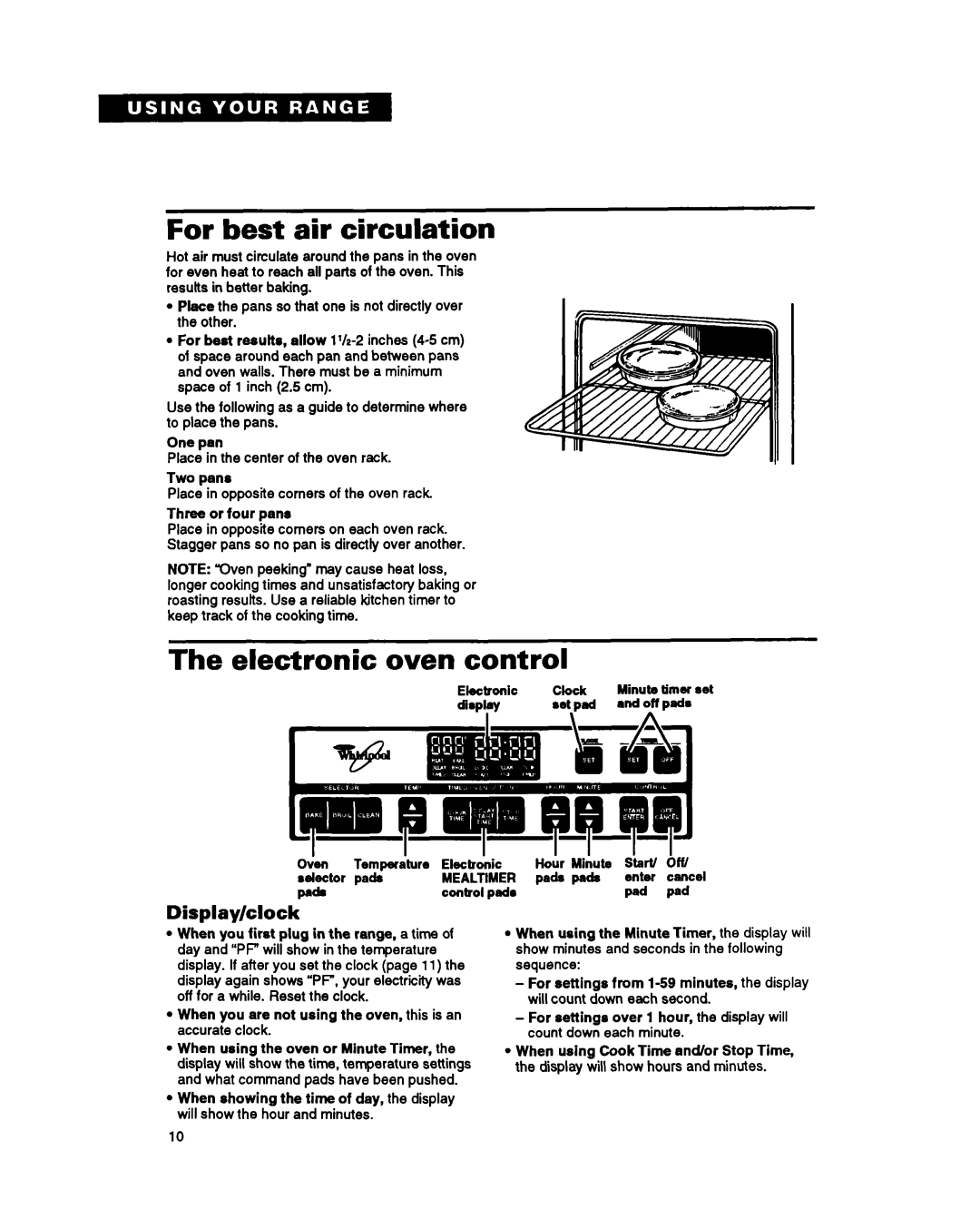 Whirlpool SF387PEY, SF397PEY, SF387PCY manual For best air circulation, The electronic oven control, Display/clock 