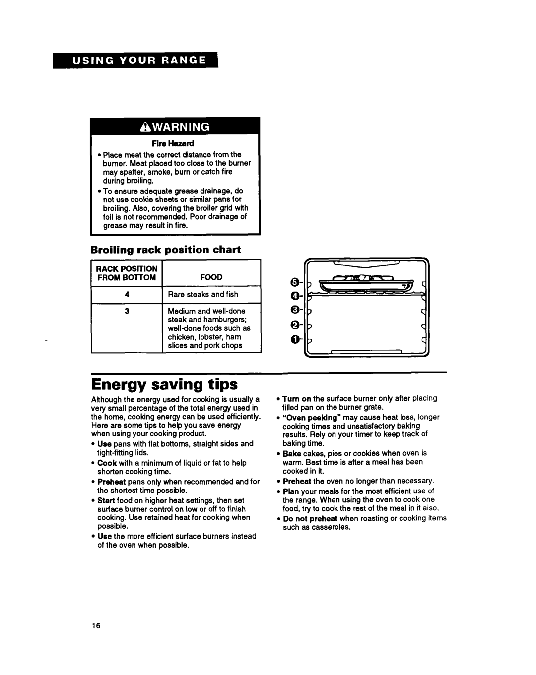 Whirlpool SF387PEY, SF397PEY, SF387PCY manual Energy saving tips, @ o-II, Broiling rack position chart 