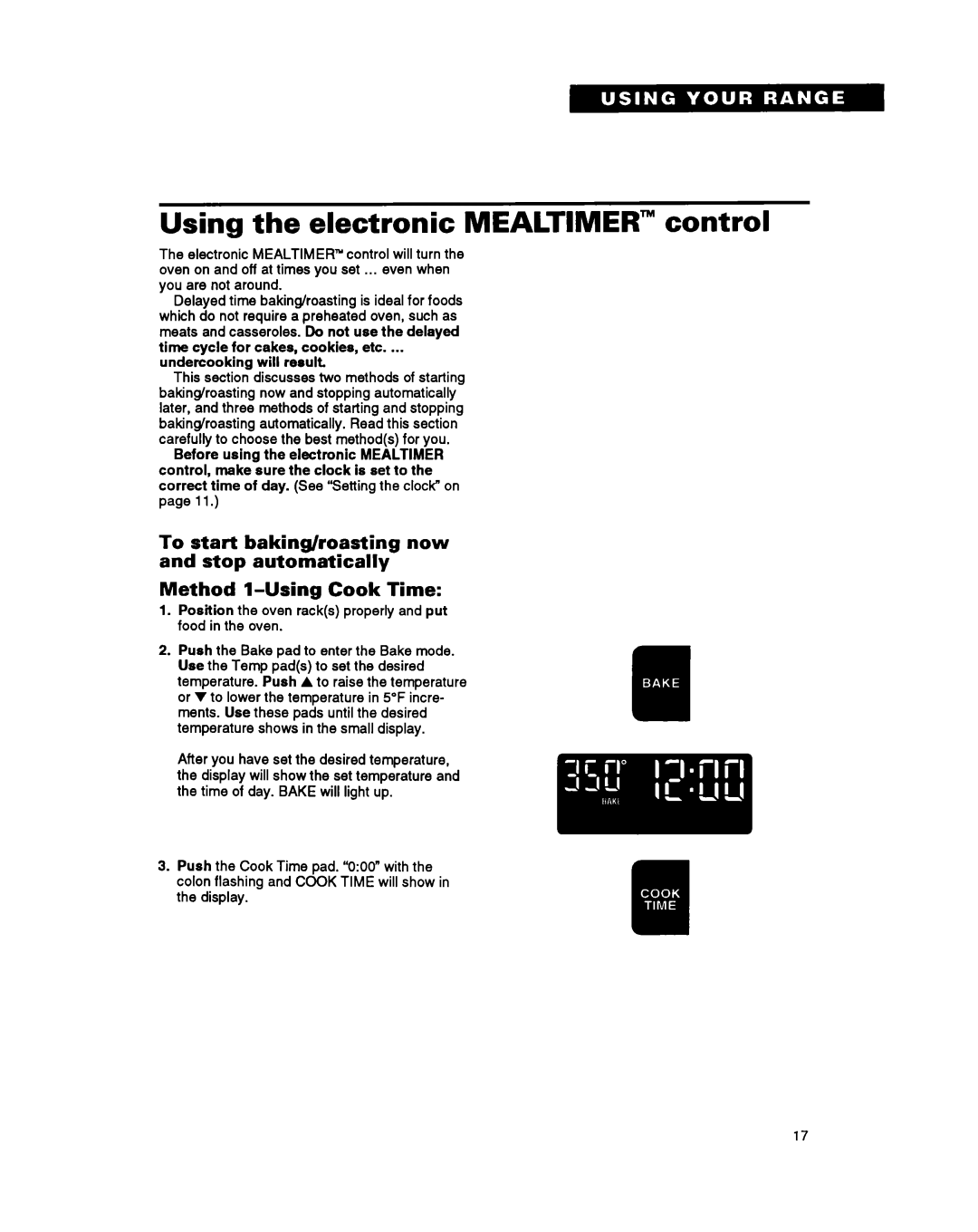 Whirlpool SF387PCY, SF397PEY, SF387PEY manual Using the electronic MEALTIMER” control, Method l-UsingCook Time 