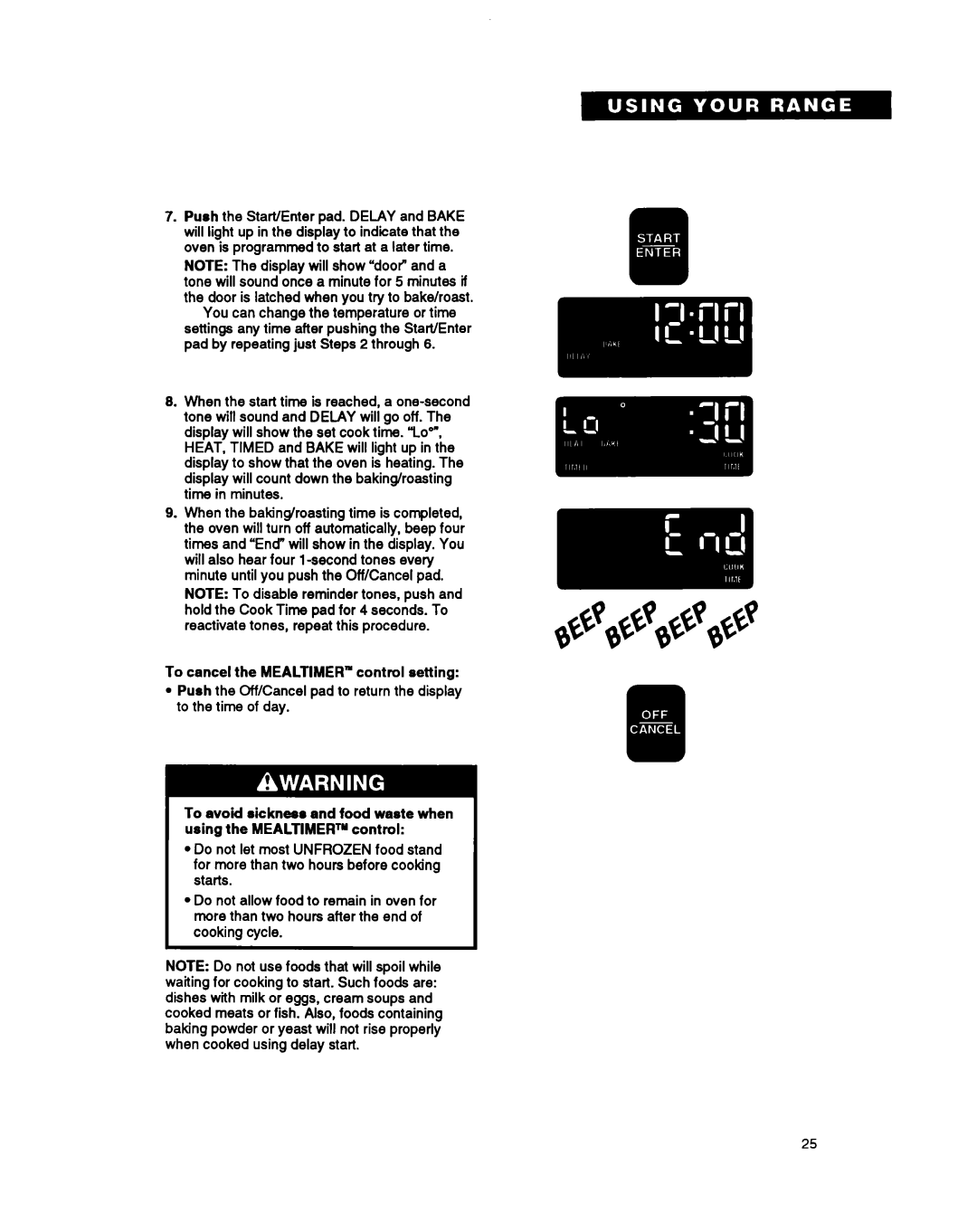 Whirlpool SF387PEY, SF397PEY, SF387PCY manual To cancel the MEALTIMER” control setting 
