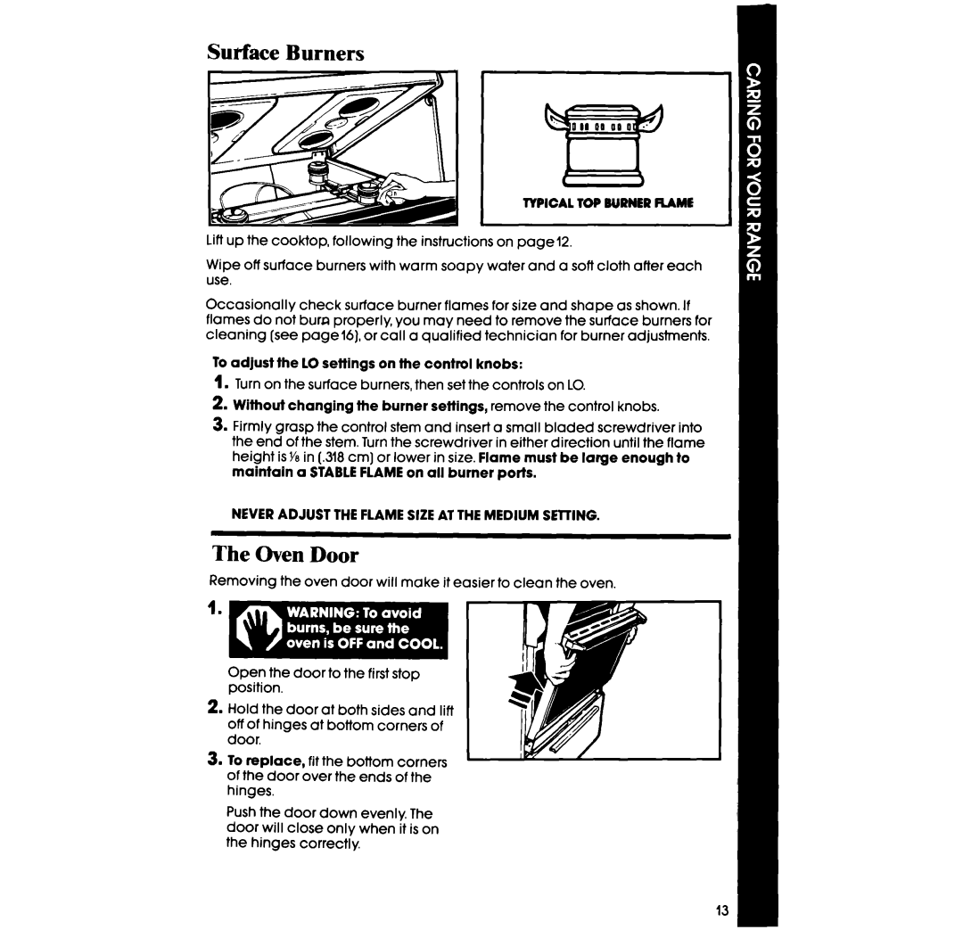 Whirlpool SF336PER, SF3lGPER manual Surface Burners, Oven Door 