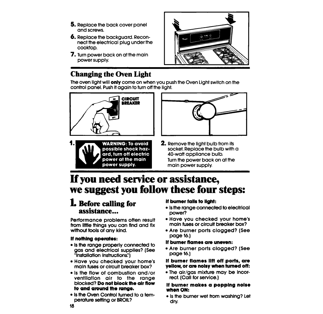 Whirlpool SF3lGPER, SF336PER manual Changing the Oven Light, Before calling for Assistance 