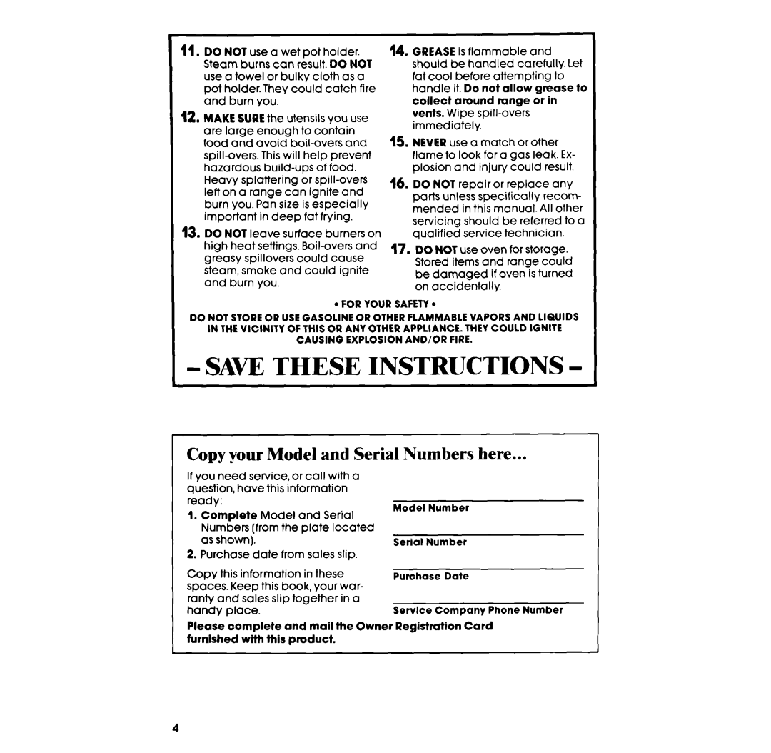 Whirlpool SF3lGPER, SF336PER manual SAW These Instructions, Copy your Model and Serial Numbers here 