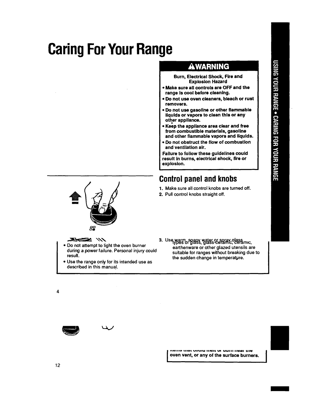 Whirlpool SF5140EY manual CaringForYourRange, Controlpanelandknobs 