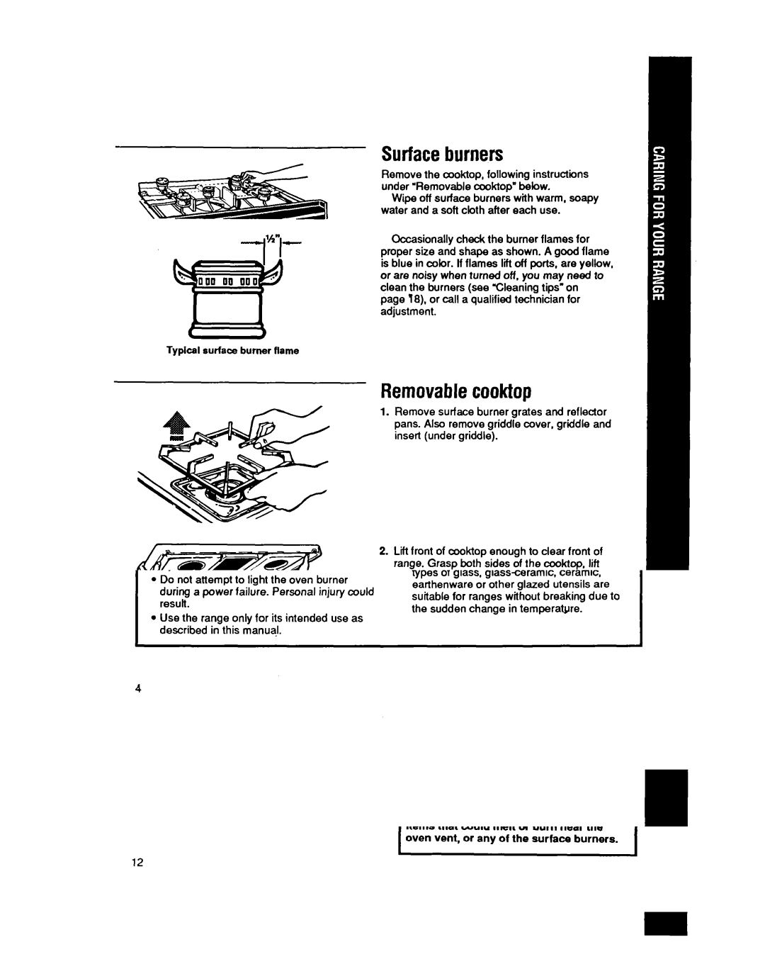 Whirlpool SF5140EY manual Surfaceburners, Removablecooktop 