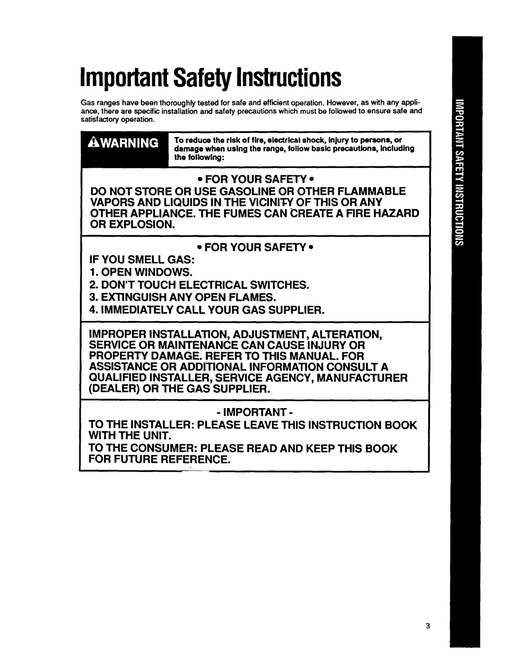 Whirlpool SF5140EY manual ImportantSafetyInstructions, Immediately Call Your GAS Supplier 