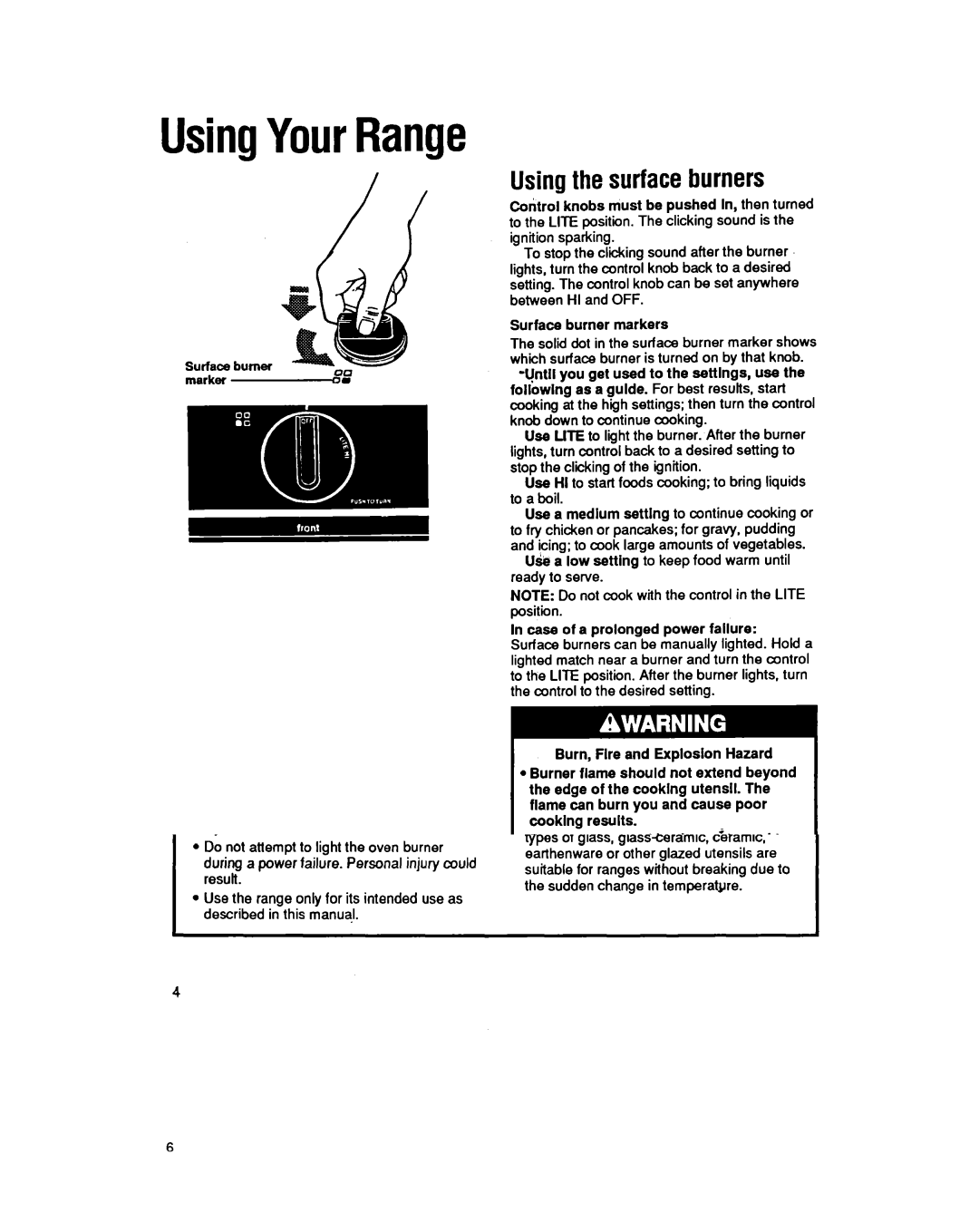 Whirlpool SF5140EY UsingYourRange, Usingthe surfaceburners, Surface burner markers, Case of a prolonged power fallure 