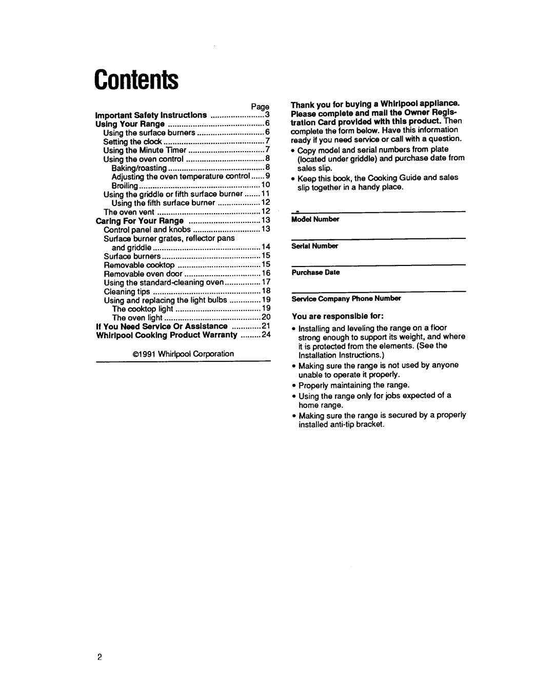 Whirlpool SF5140EY manual Contents 