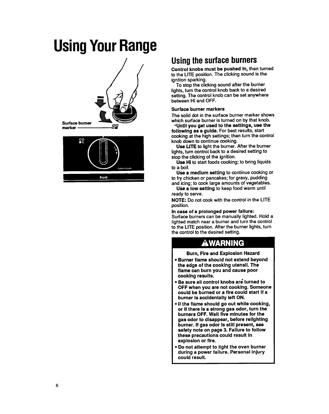 Whirlpool SF5140EY manual UsingYourRange, Usingthe surfaceburners 
