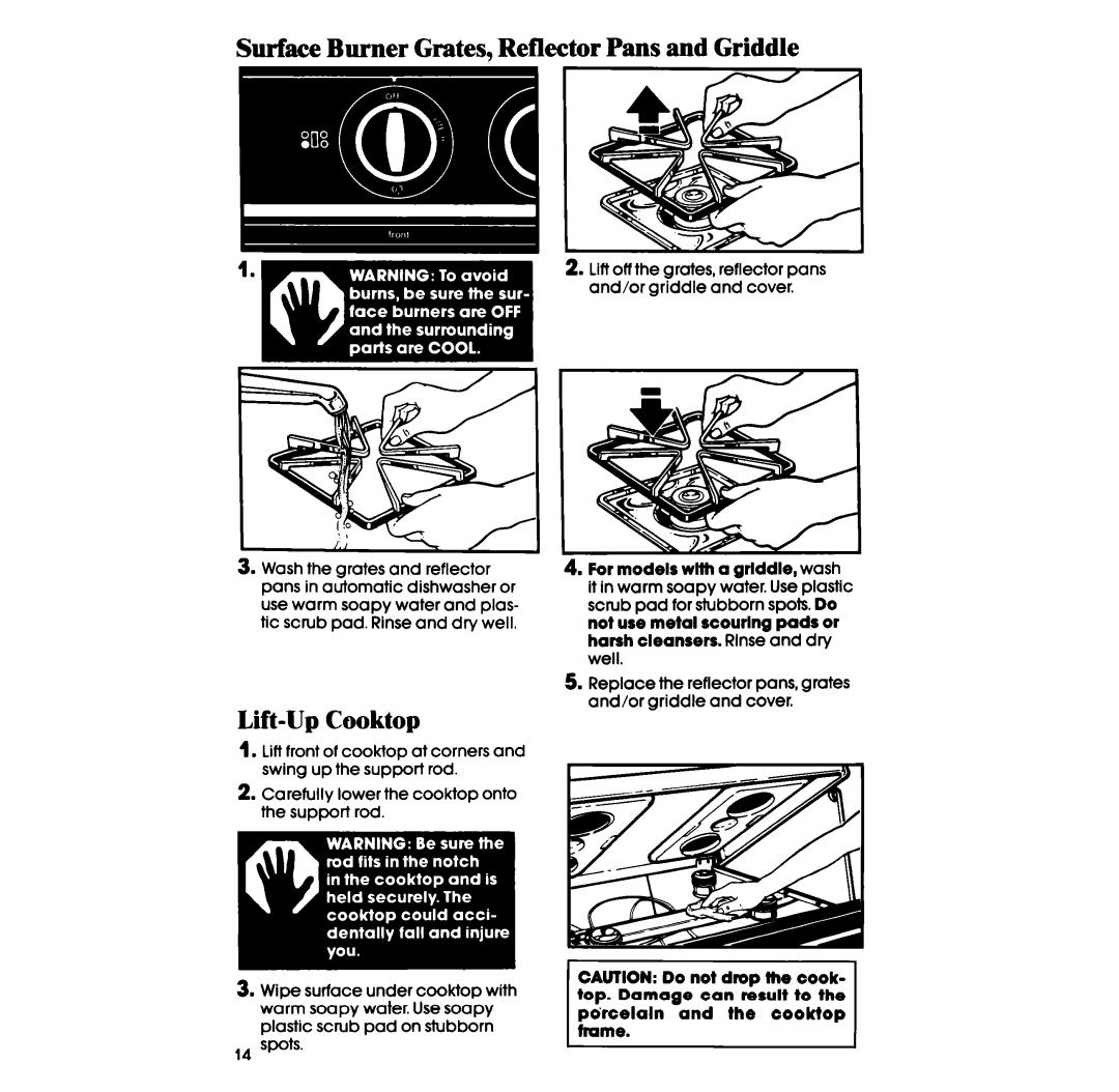 Whirlpool SF5140ER, SF514ESR, SF514ER, SF5140SR, SF5100SR Surface Burner Grates, Reflector Pans and Griddle, Lift-Up Cooktop 