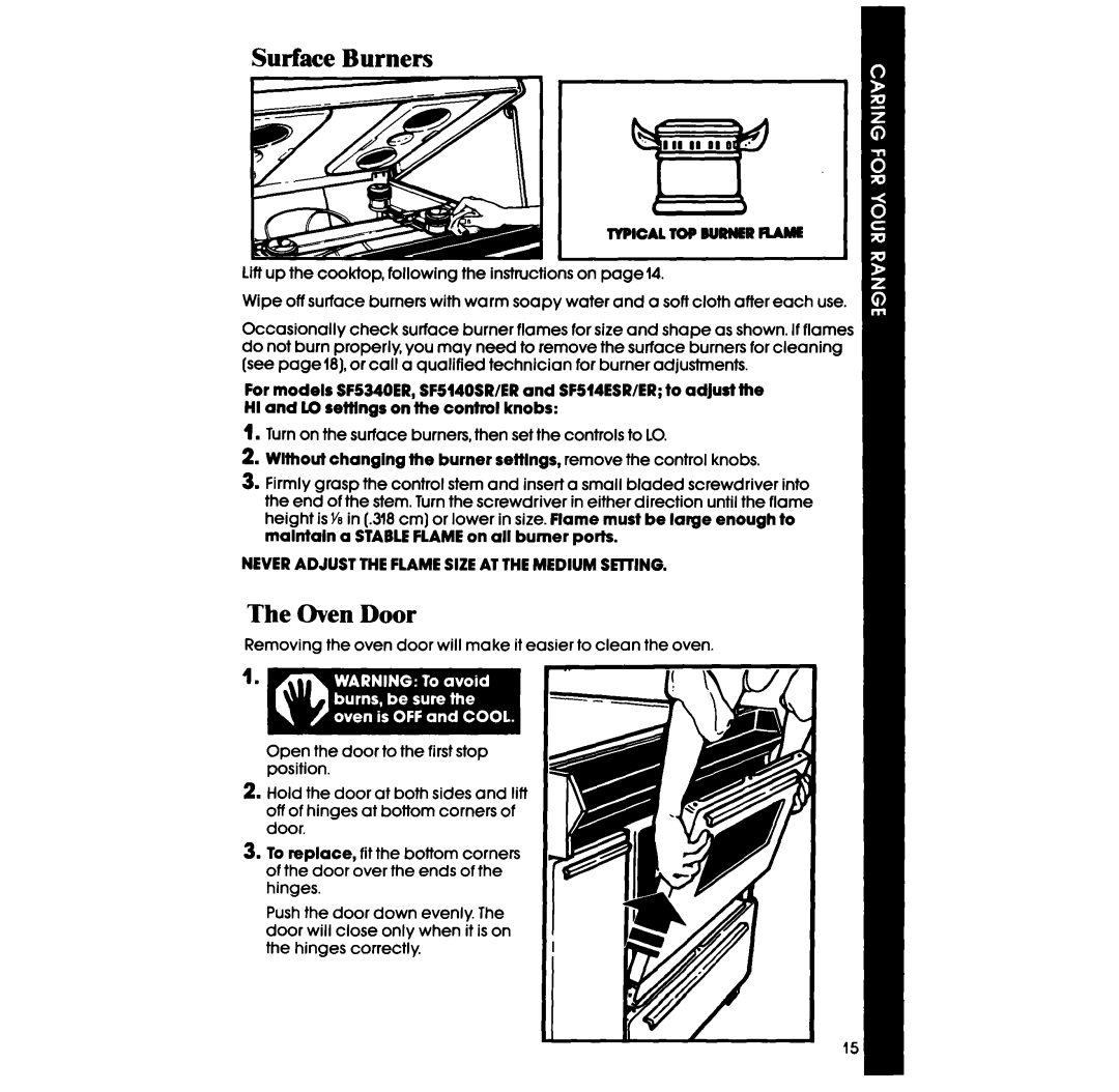 Whirlpool SF5140SR, SF514ESR, SF514ER, SF5140ER, SF5100SR, SF5340ER manual Surface Burners, Oven Door 