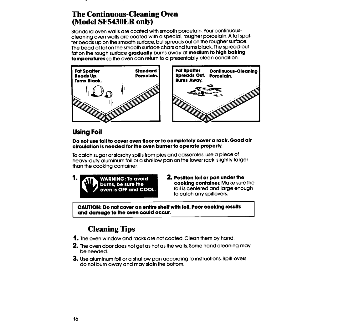 Whirlpool SF5100SR, SF514ESR, SF514ER, SF5140ER manual Continuous-Cleaning Oven Model SF5430ER only, Cleaning Tips, Using Foil 