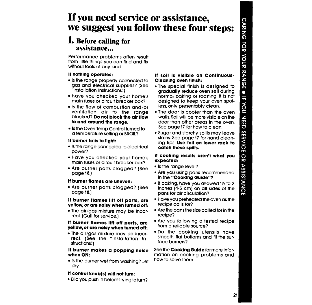 Whirlpool SF5140SR, SF514ESR, SF514ER, SF5140ER, SF5100SR, SF5340ER manual Before calling for assistance 