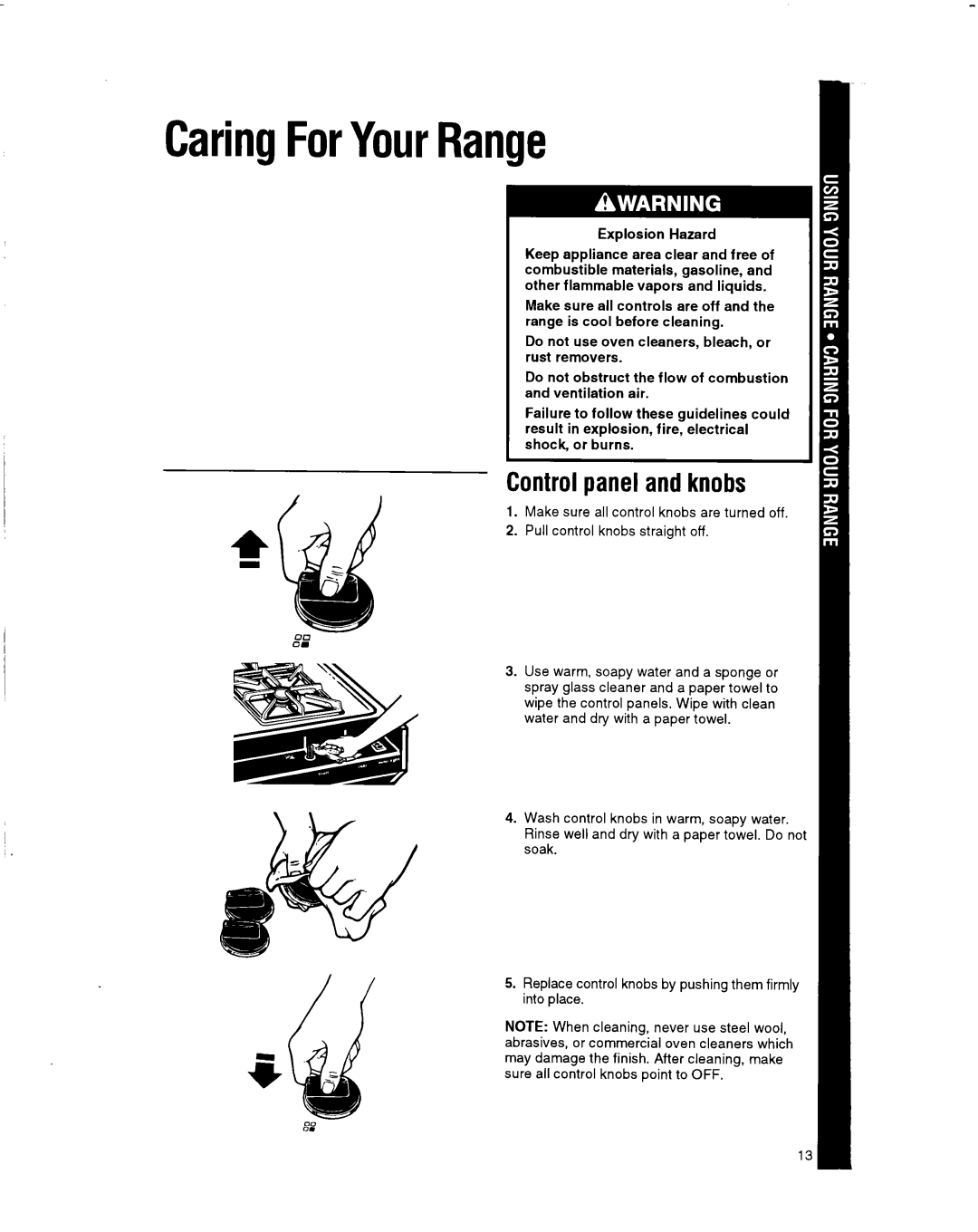 Whirlpool SF514OEY manual CaringForYourRange, Control panel and knobs 