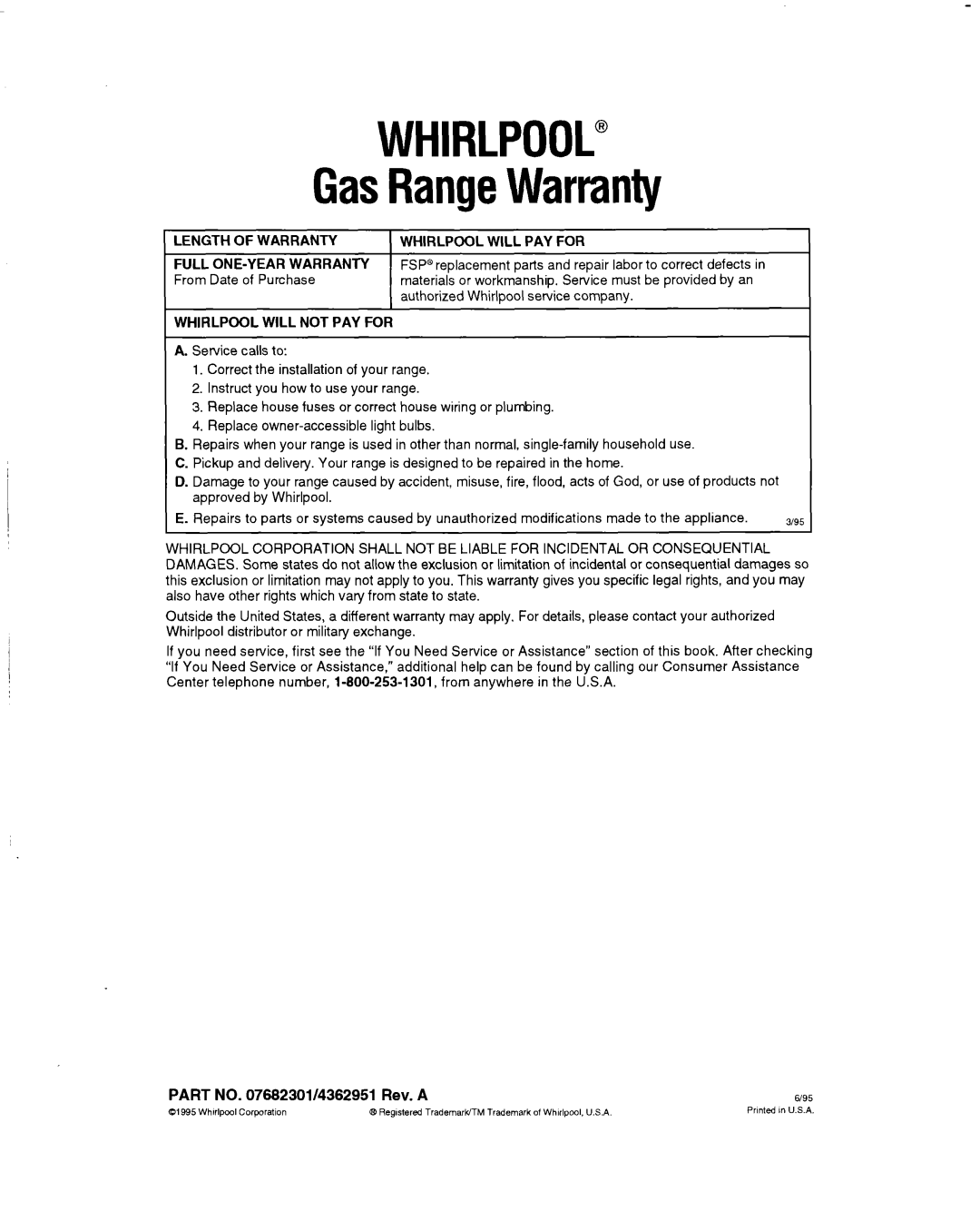 Whirlpool SF514OEY manual Whirlpool, GasRangeWarranty 