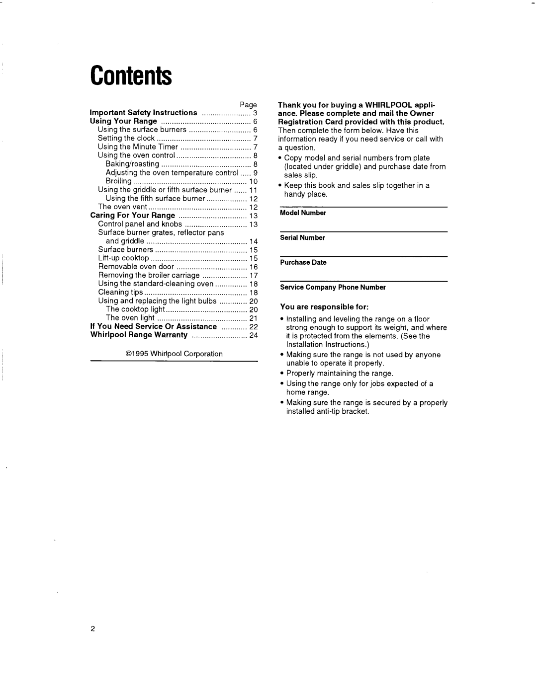 Whirlpool SF514OEY manual Contents 